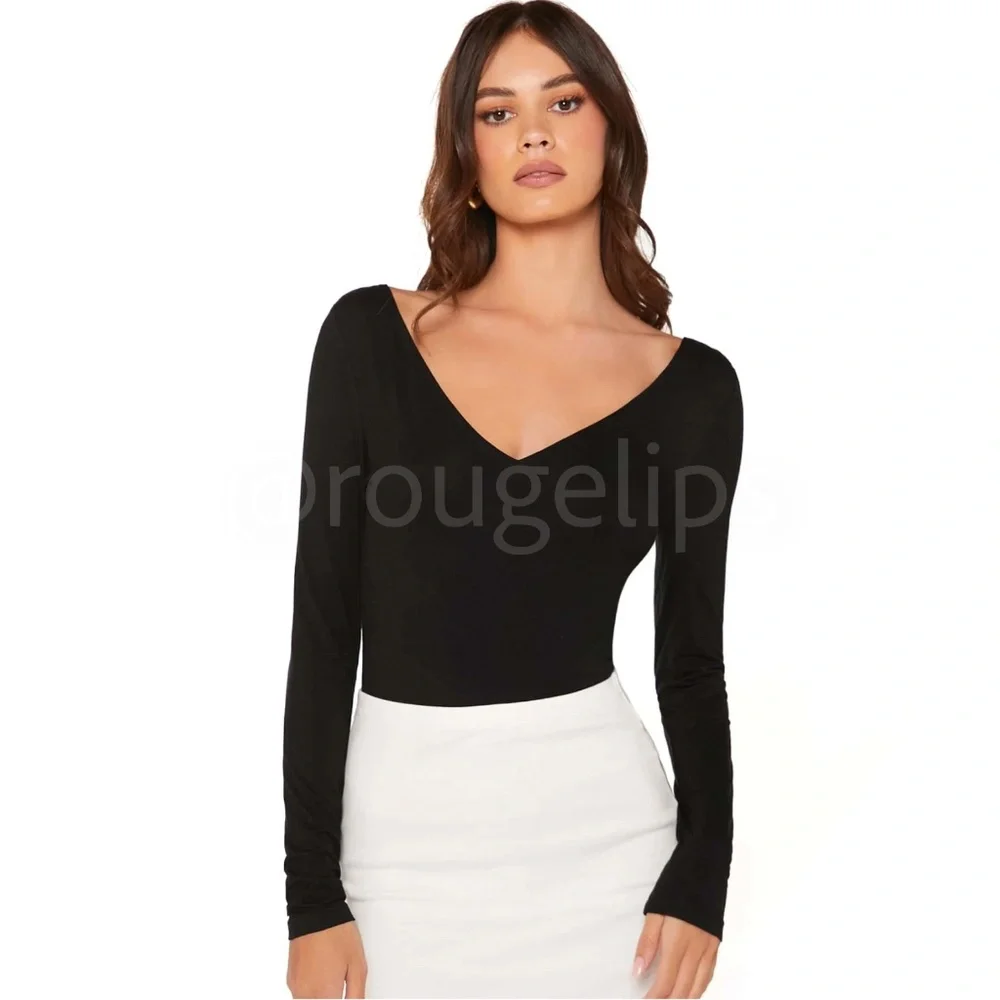 Ballet Girl Style Black Wide V-Neck Long Sleeve Tee Shirt - Picture 1 of 8